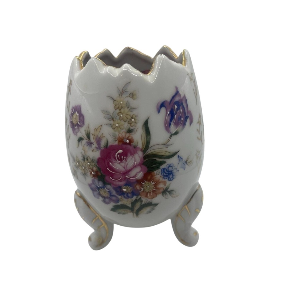Vintage Porcelain Hand Painted Flowered Beaded 3 Legged‎ Bowl Gold Trim 5"
